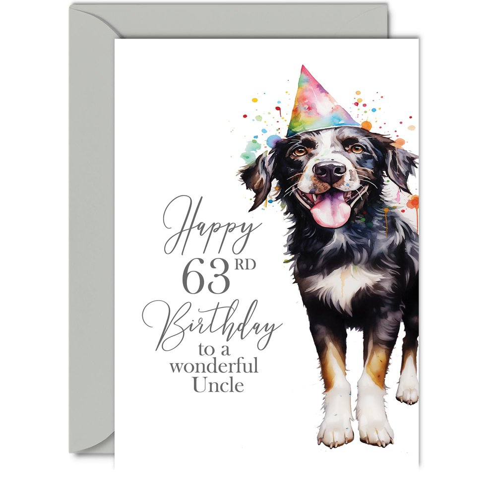 63rd Birthday Card for Uncle – Party Dog, Happy Birthday, 12.7 x 17.8 cm