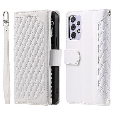 Flip Leather Phone Case with Lanyard for Samsung Galaxy A15/A54/A34/A24/A14/A53/A73/A33/A23/A13/A52/A51/A50, Zipper Wallet Card Holder, White, for A15 (5G)