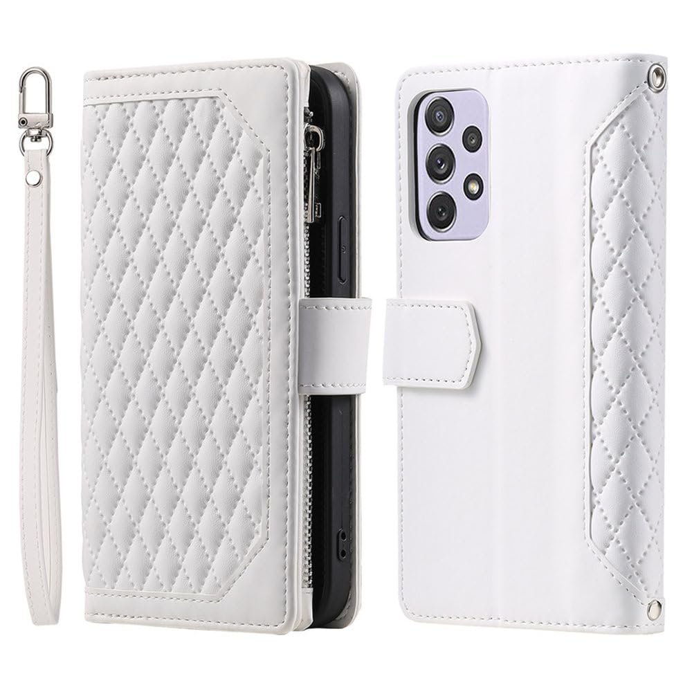 Flip Leather Phone Case with Lanyard for Samsung Galaxy A15/A54/A34/A24/A14/A53/A73/A33/A23/A13/A52/A51/A50, Zipper Wallet Card Holder, White, for A15 (5G)