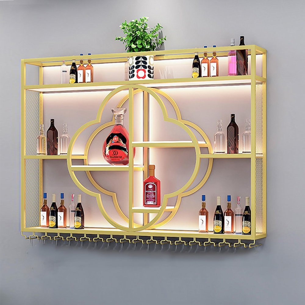 Industrial-Style LED Liquor Wall Shelf with Glass Holder