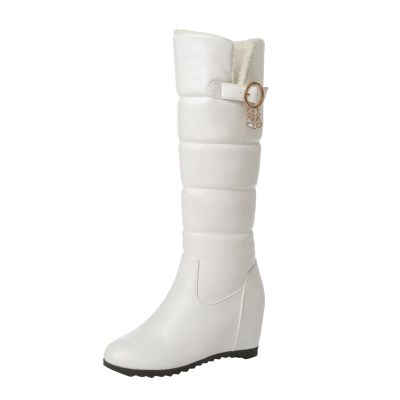 Women's Fashionable Solid-Color Leather Snow Boots with Belt Buckle, Cotton Plush Lining, Wedge Heel, Thick Tall Design, White, EU 40