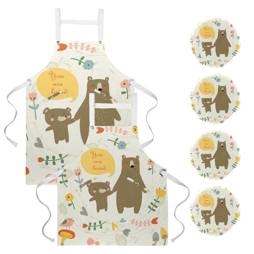 VAPOKF Kitchen Aprons, Server Aprons with 4 Bear Family Pins, 2-Pack, One Large and One Medium