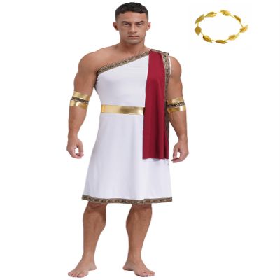 Xnihocha Men's Greek God Costume, One-Shoulder Sleeveless Robe with Headpiece, Adult Party Toga, Roman Costume, Burgundy, M