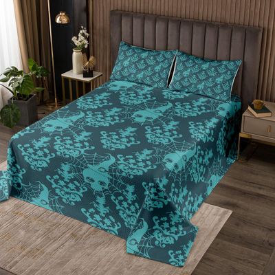 Homewish Gothic Skull Quilt Set, Spooky Damask Coverlet, Vintage Floral Victorian Design, 170W x 210L, Teal Spiderweb Halloween Decor