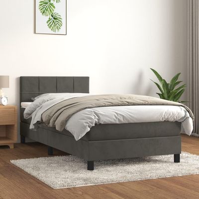 IKAYAA Box Spring Bed with Mattress, 90 x 190 cm, Dark Gray Velvet
