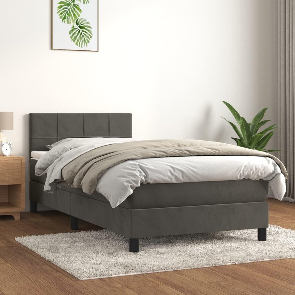 IKAYAA Box Spring Bed with Mattress, 90 x 190 cm, Dark Gray Velvet