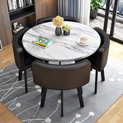 Round Dining Table Set for 4 with Marble Top and Four Chairs