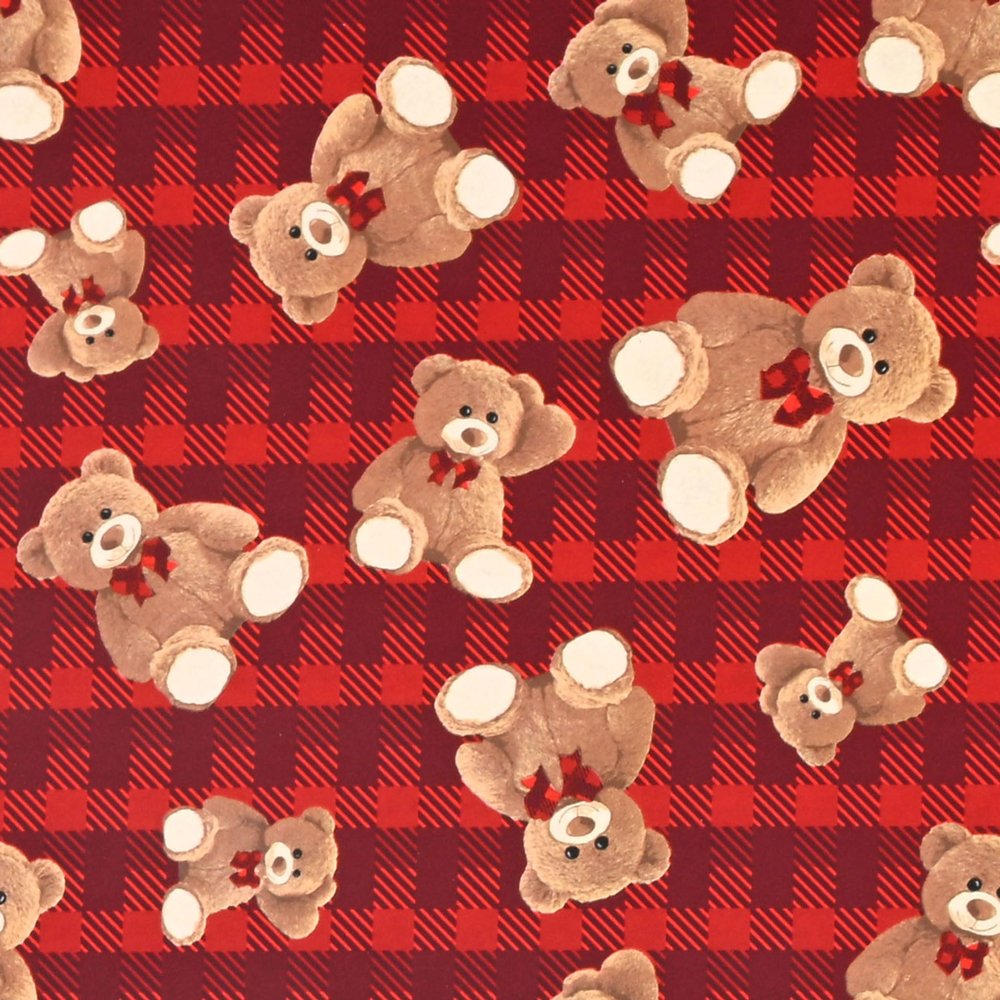 Teddy Bear Gift Wrapping Paper Roll, Plaid, Red-Burgundy, 70 cm x 2 m