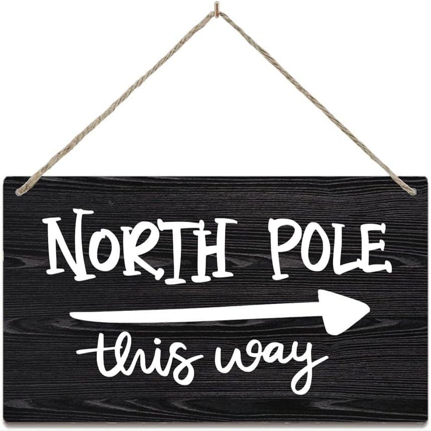 Rustic Wooden Wall Decor, North Pole This Way Christmas Sign, Personalized Door Sign, Hanging Home Decor with Rope, 30.5 x 45.7 cm