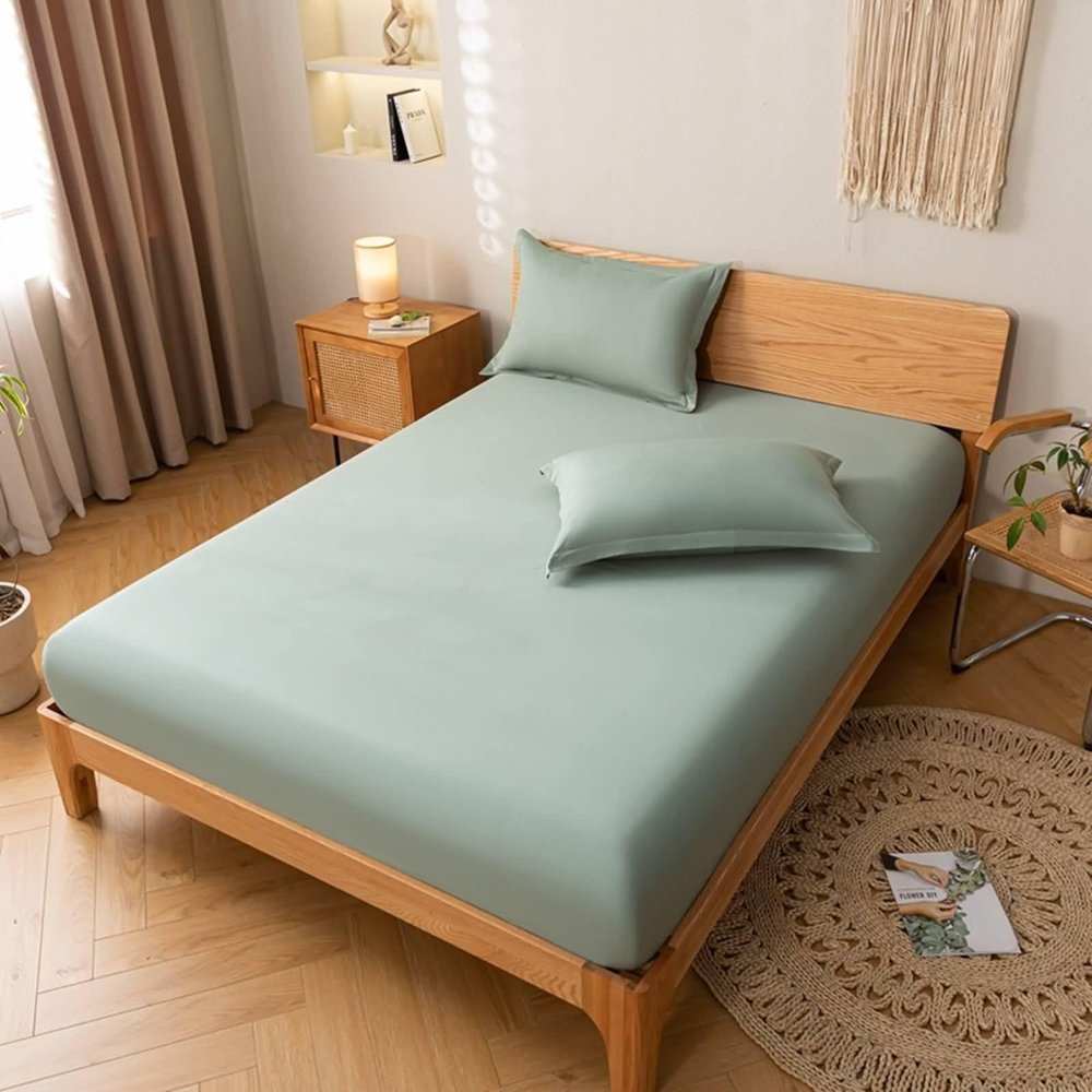 Homxi Fitted Sheet for Mattress, 100 x 200 cm, Elastic Solid Light Green