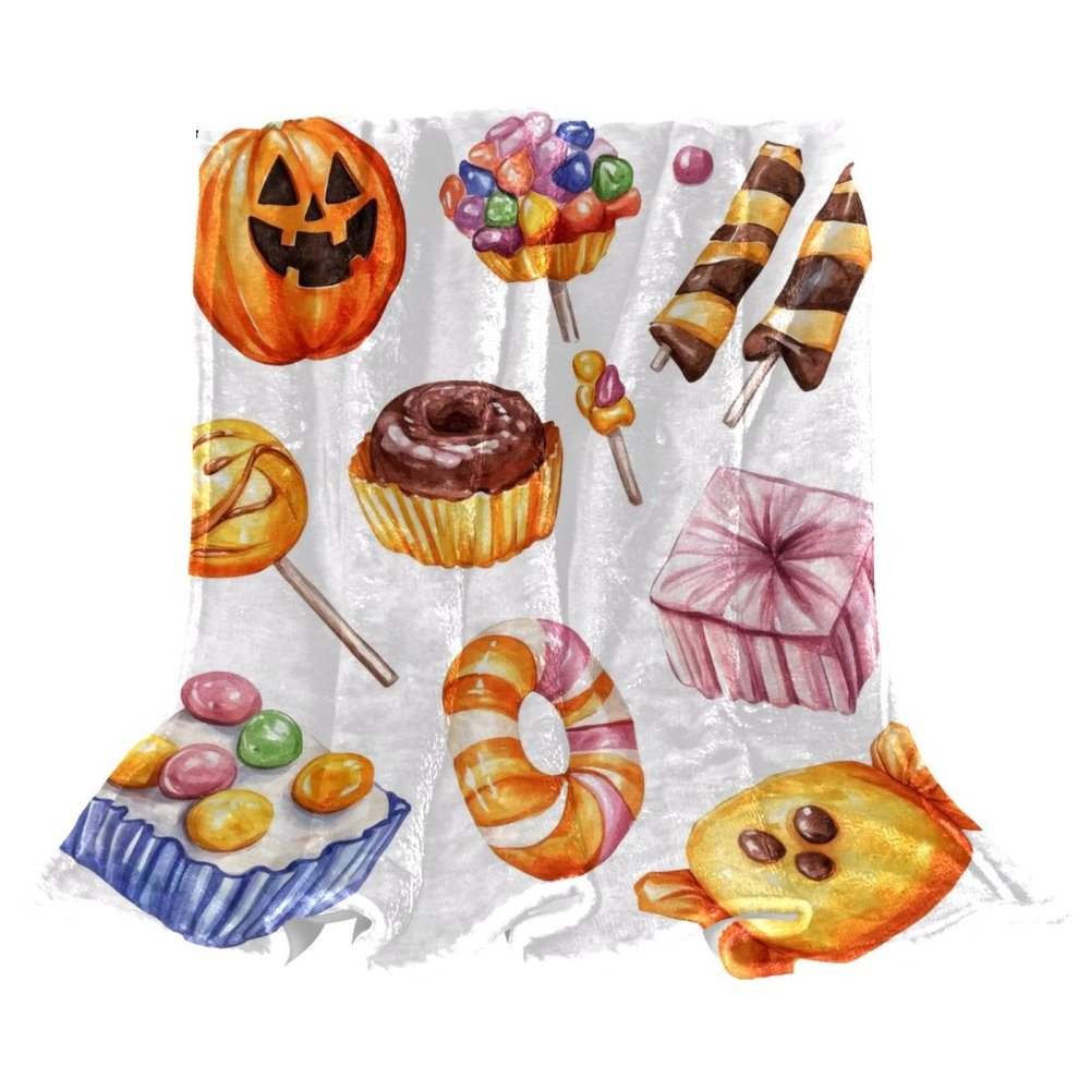 Soft Flannel Throw Blanket, 150 x 200 cm, Colorful Halloween Candy and Snack Design