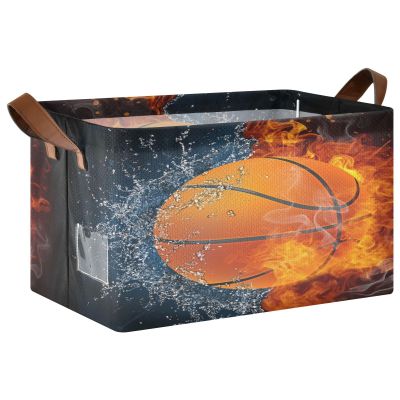 YOUJUNER Large Storage Basket, Basketball Design, Foldable Organizer with Handles for Toys, Clothes and Books