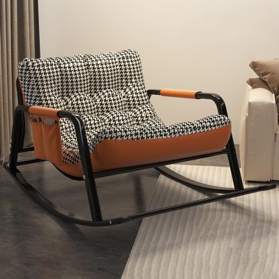Modern Outdoor Rocking Chair with Padded Cushion for Patio, Porch, or Living Room, Bergère Lounge Chair (Orange Houndstooth)