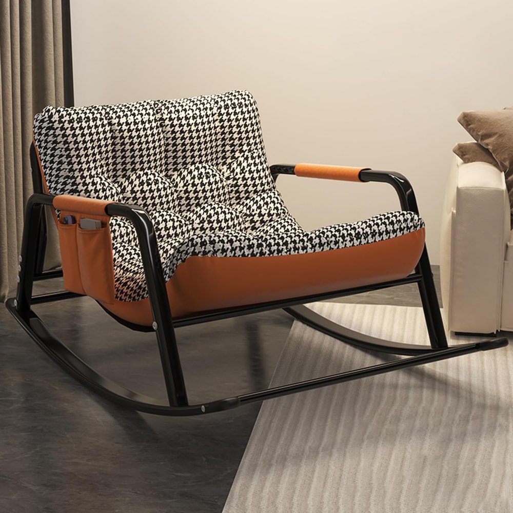 Modern Outdoor Rocking Chair with Padded Cushion for Patio, Porch, or Living Room, Bergère Lounge Chair (Orange Houndstooth)