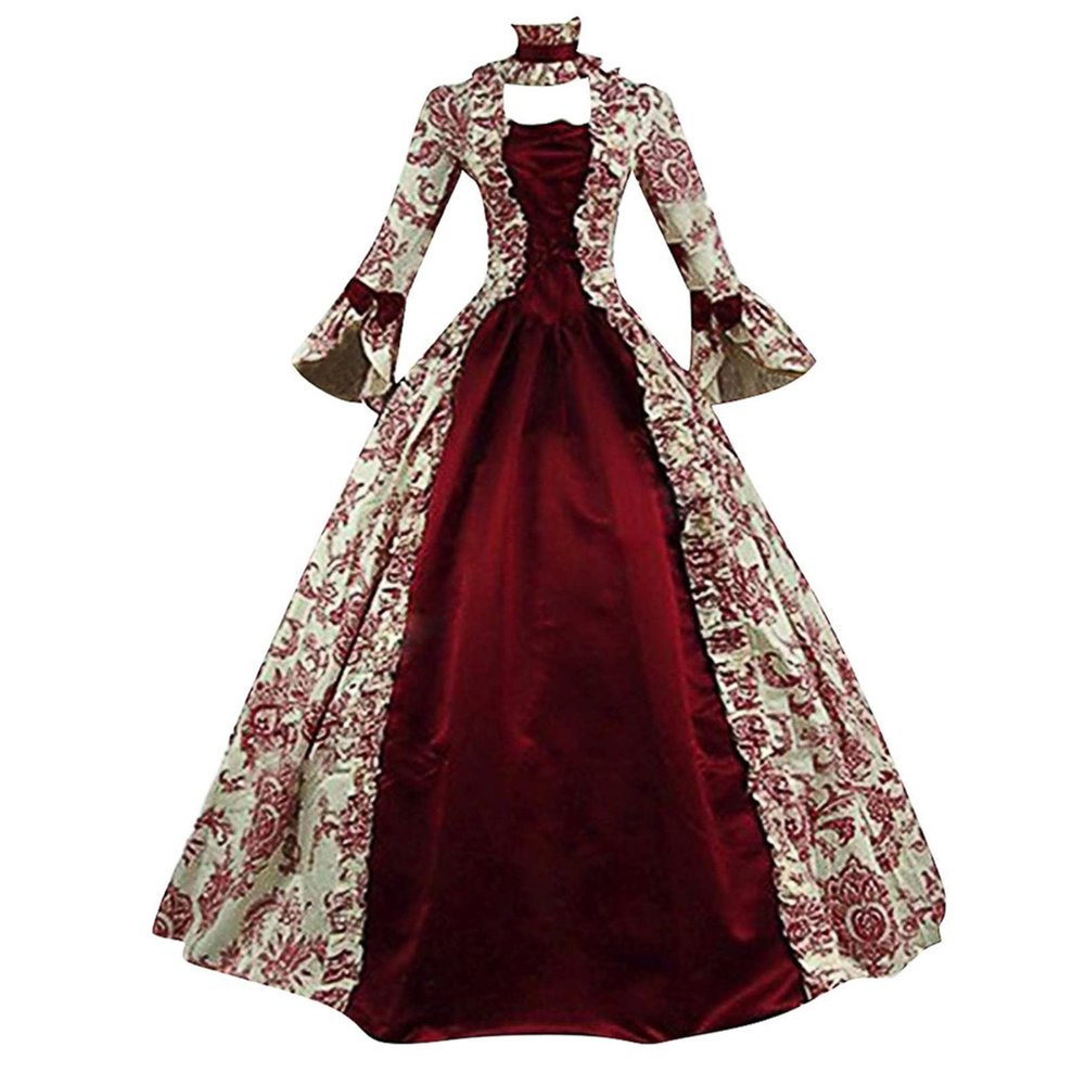 Women's Medieval Renaissance Gothic Lace Dress, Long-Sleeve Knee-Length Lolita Party Costume