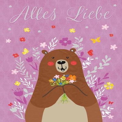 Gutsch Verlag Greeting Card with Bear and Flowers – All the Best, Warm Regards, Cute Animal Illustration on Purple Background