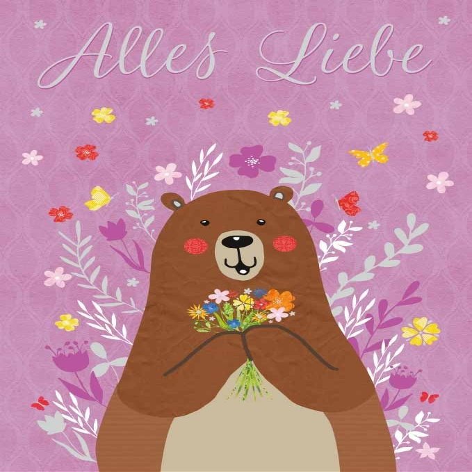 Gutsch Verlag Greeting Card with Bear and Flowers – All the Best, Warm Regards, Cute Animal Illustration on Purple Background
