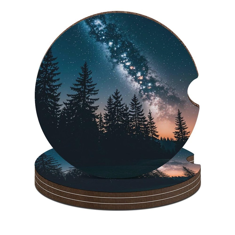 Car Coasters, 4-Pack, Trees Under the Starry Night, Non-Slip Rubber Cup Holder Inserts