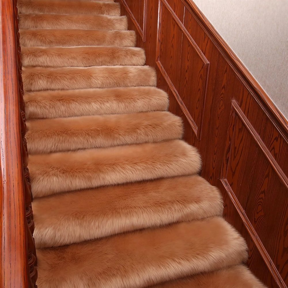 Self-Adhesive Non-Slip Stair Treads, Washable Faux Fur, Dark Brown, 25 x 75 cm, 5 Pieces