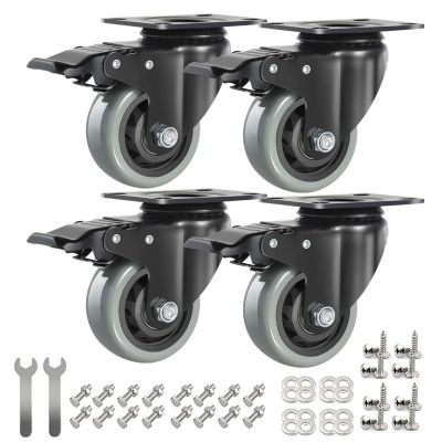 IQWTU Heavy-Duty Swivel Casters with Brakes, 75 mm Furniture Casters, Dual-Bearing PU Trolley Wheels, Rubber Swivel Casters with Screws and Nuts, Set of 4 Industrial Plate Casters up to 500 kg