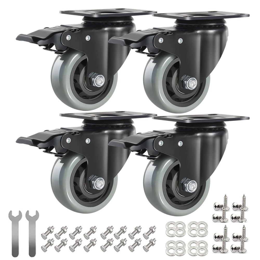IQWTU Heavy-Duty Swivel Casters with Brakes, 75 mm Furniture Casters, Dual-Bearing PU Trolley Wheels, Rubber Swivel Casters with Screws and Nuts, Set of 4 Industrial Plate Casters up to 500 kg