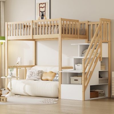 Kebnor 90 x 200 cm Loft Bed with Safe Storage Ladder, Solid Pine Frame for Kids and Teens (Wood + White)