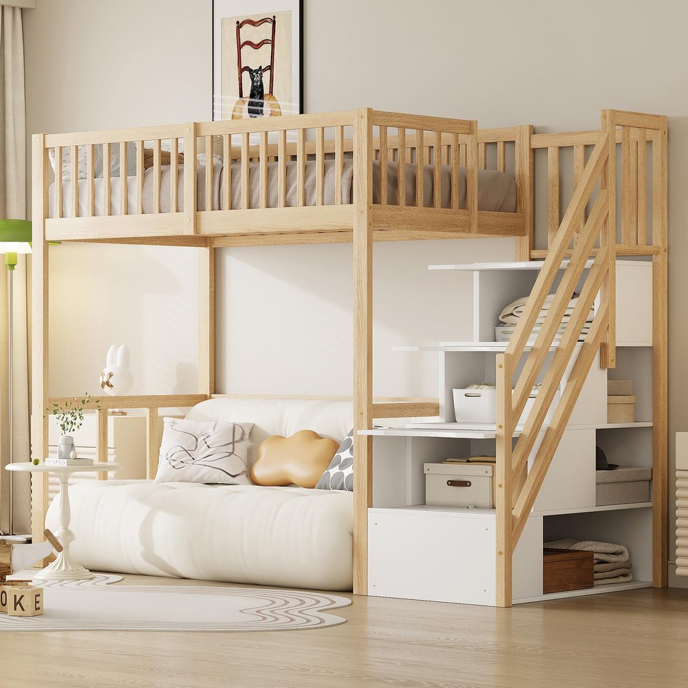 Kebnor 90 x 200 cm Loft Bed with Safe Storage Ladder, Solid Pine Frame for Kids and Teens (Wood + White)
