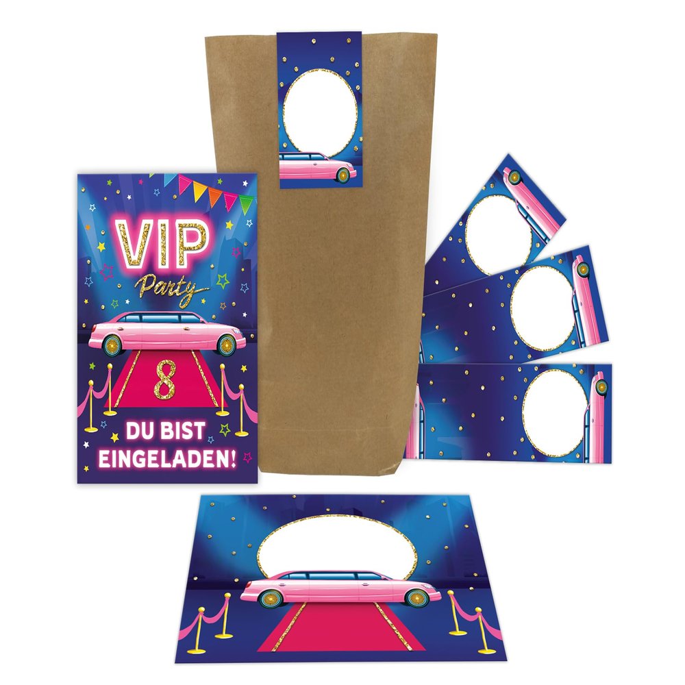Junaversum 8 VIP Disco Girls Birthday Invitations with Envelopes, Bags and Stickers