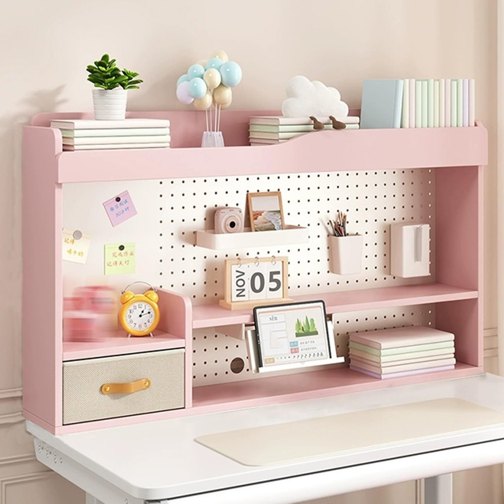 LXRHLIKG Multi-Level Desktop Shelf with Fabric Drawers and Reading Stand, Pink, 31.5 in