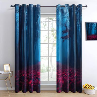 Blackout Curtains Mysterious Forest Flowers Vintage, H 214 × W 91.5 cm, 2-Pack, Blue