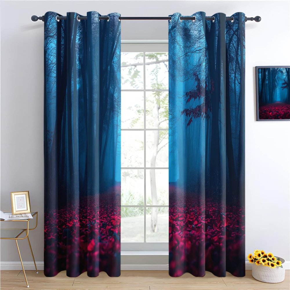Blackout Curtains Mysterious Forest Flowers Vintage, H 214 × W 91.5 cm, 2-Pack, Blue