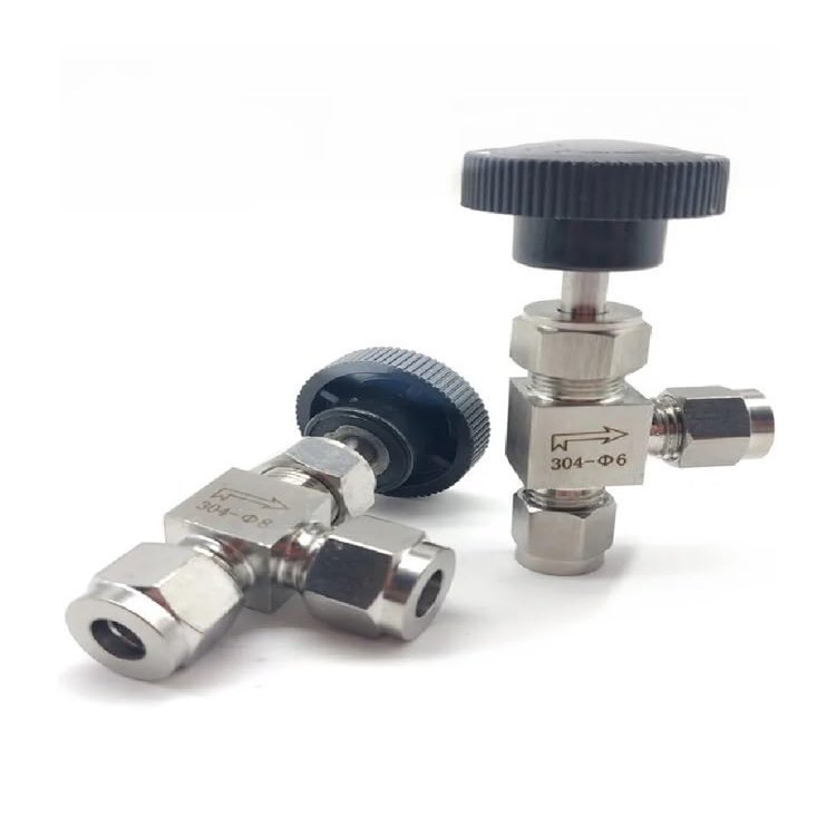 1pc Adjustable Right-Angle Needle Valve for 6/8/10/12 mm OD Tubes, 304 Stainless Steel, High Pressure, Acid-Resistant, Crane Card Set (10 mm)