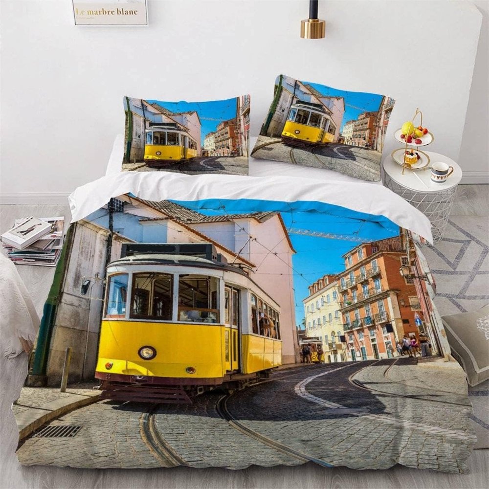 NDXRWDZR Retro Tram Bedding Set, 155 x 220 cm, Microfiber, Zipper Closure