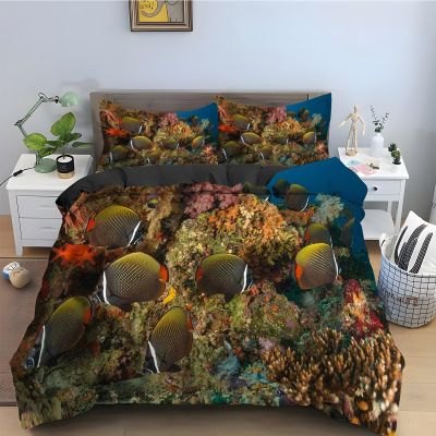 YZQGLHP Butterflyfish Bedding Set 155 x 220 cm, Coral Duvet Cover with Black Lining and 2 Pillowcases, Soft Microfiber, 3-Piece Set with Zippers