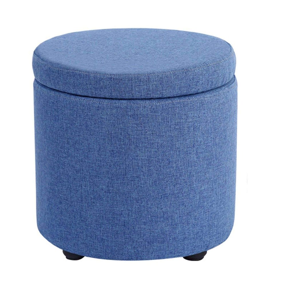 DOCOXA Linen Ottoman with Storage, Round Footstool, 32 x 32 x 32 cm, Orange (Blue