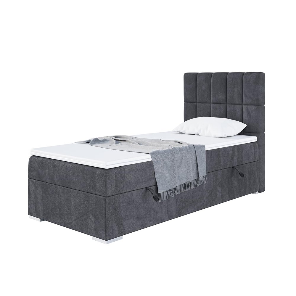 MEBLINI LUKAS Box Spring Bed with Storage - Upholstered Single Bed with Mattress and Topper - Storage Bed with Headboard - 100x200 cm, Right-Side Opening, H4, Dark Gray Velvet