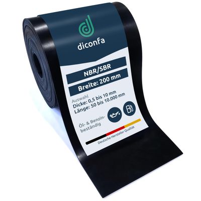 diconfa NBR/SBR Rubber Strip, Oil-Resistant, 200 mm Wide, 1–10 mm Thick, Up to 10 m Long