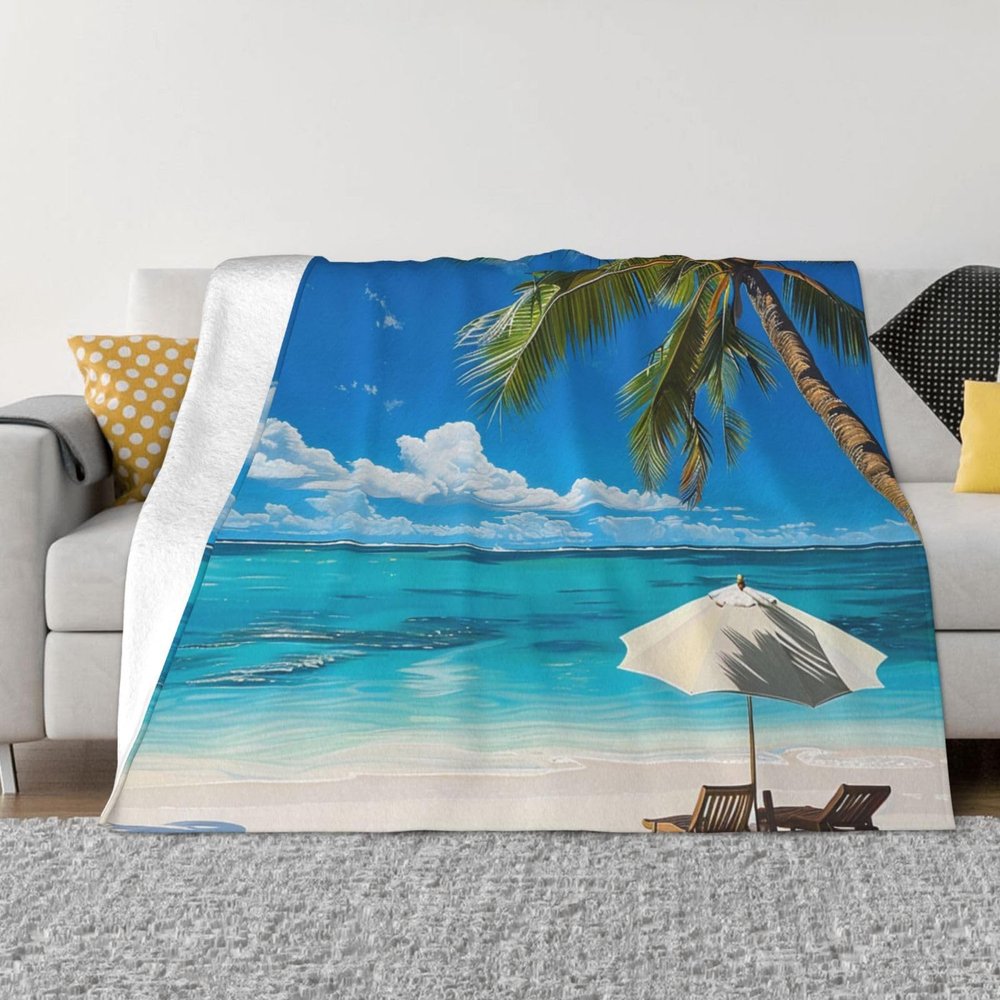 Flannel Fleece Blanket with Tropical Sea Design, Soft Cozy Throw for Couch or Bed, White, 40 x 30 in