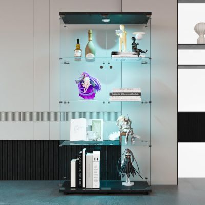 BLSYHDH Glass Display Cabinet, 4-Tier, 2 LED Doors, Black, 164 x 80 x 36 cm