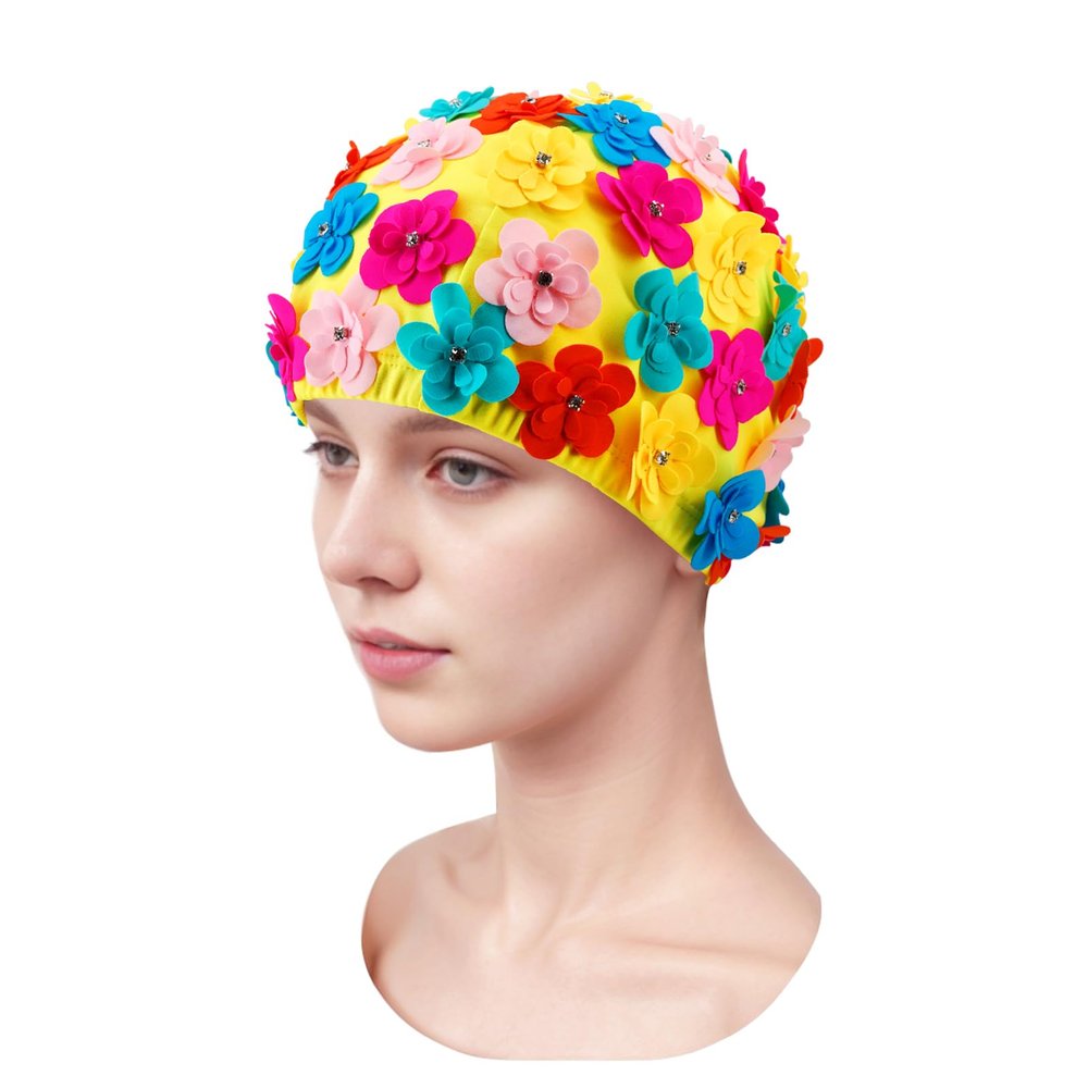 Medifier Vintage Floral Swim Cap with Rhinestone Accents for Women and Girls