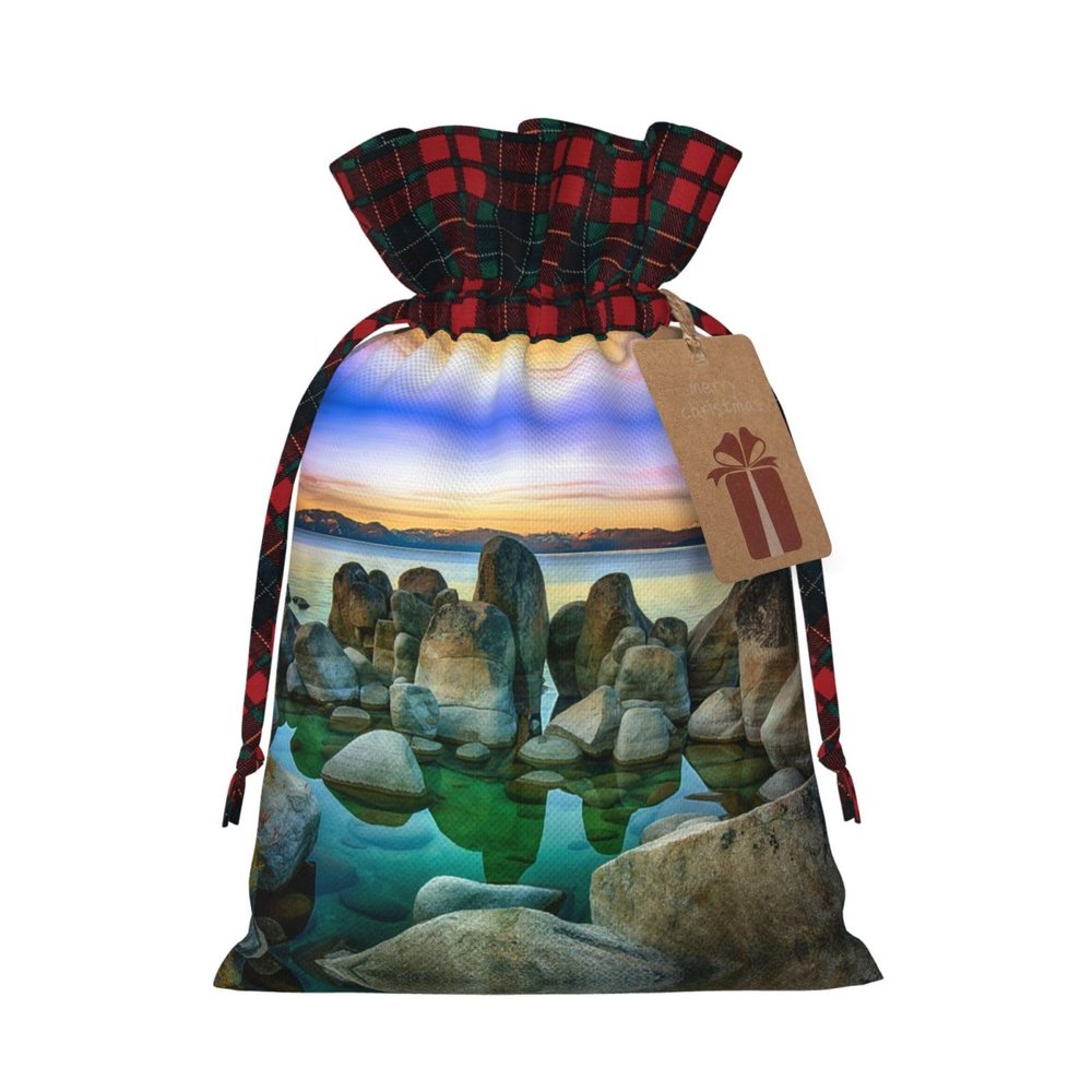 Drawstring Gift Bags with Mountain and Lake Print