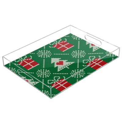 Christmas Knit Pattern Serving Tray with Handles, Green Trees and Snowflakes, Clear Acrylic, 30.5 x 40.6 cm