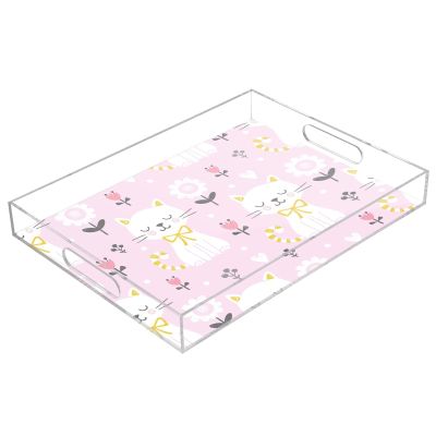 Illustrated Cat Serving Tray with Handles, Transparent Acrylic, 30.5 x 40.6 cm