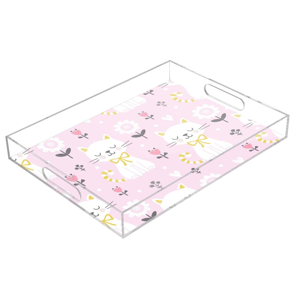 Illustrated Cat Serving Tray with Handles, Transparent Acrylic, 30.5 x 40.6 cm