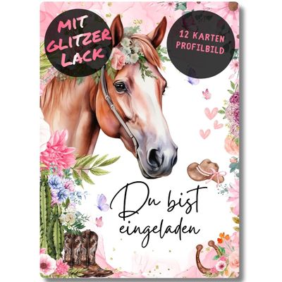 Celebr8te 12 Horse Glitter Invitations for Girls' Birthday Parties