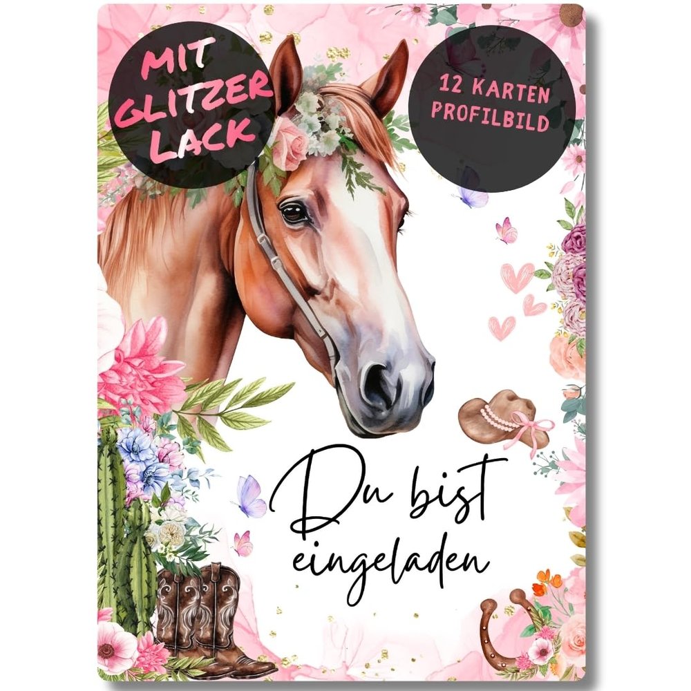 Celebr8te 12 Horse Glitter Invitations for Girls' Birthday Parties