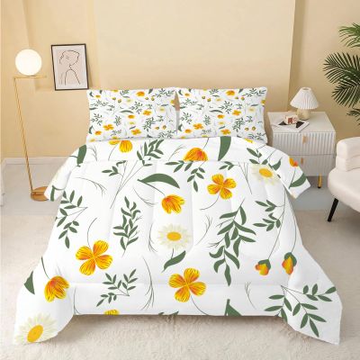 Linfye Green Leaves Duvet 140 x 200 cm, 4 Seasons Reversible Quilted Blanket with 2 Pillowcases