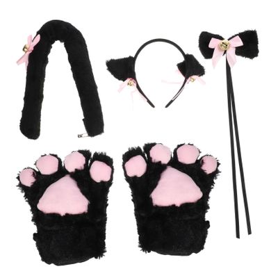 SOIMISS 5-Piece Fingerless Cat Paw Gloves Set with Tail Accessories for Costumes, Cosplay, Parties and Festivals, Black, for Girls and Adults