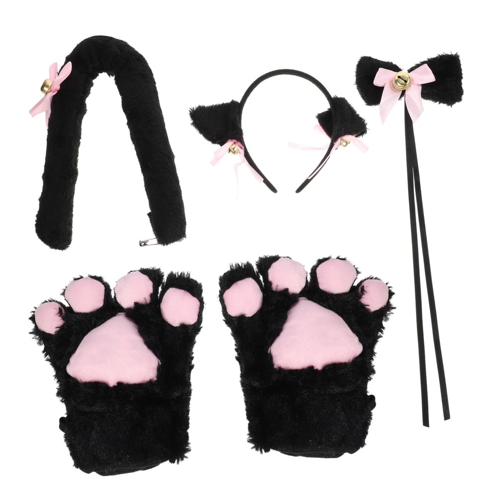 SOIMISS 5-Piece Fingerless Cat Paw Gloves Set with Tail Accessories for Costumes, Cosplay, Parties and Festivals, Black, for Girls and Adults