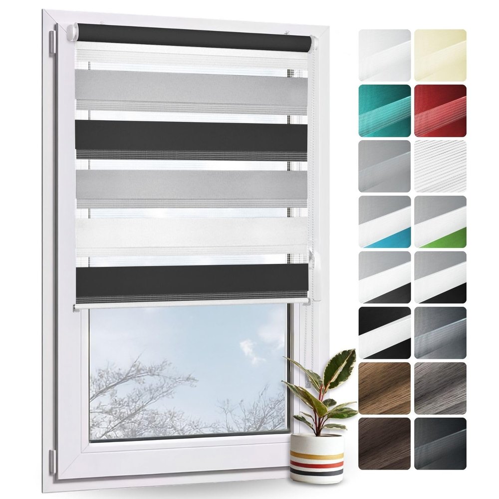 Rollmayer No-Drill Dual Roller Blind, White/Gray/Black, W45 x H130 cm